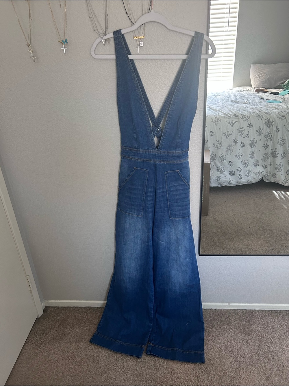 Dollhouse- Denim Deep-V Wide Leg Jumpsuit Overalls in Medium Blue